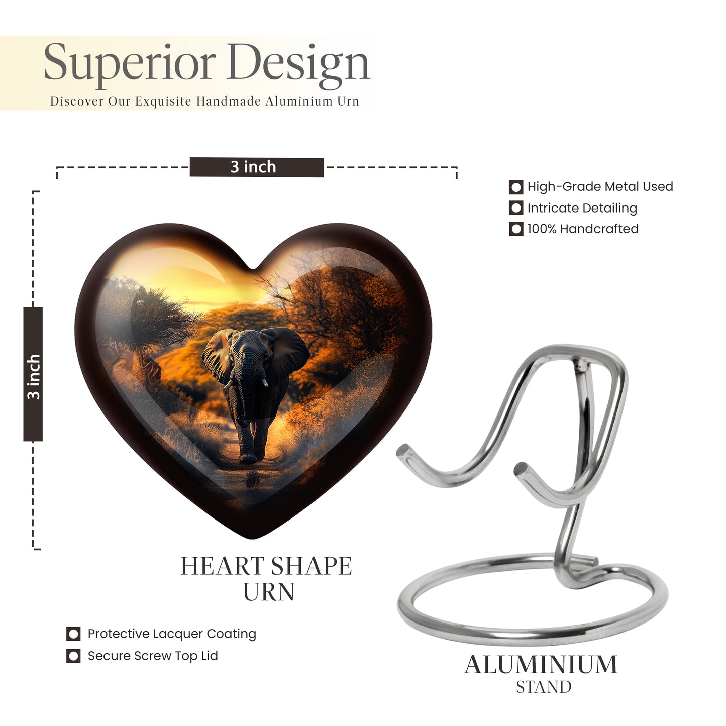 Harvest Gold Elephant Cremation Urn front view showing detailed design - compassionate heart-elephant combination with gentle curves - mini keepsake memorial for portion of cremation ashes