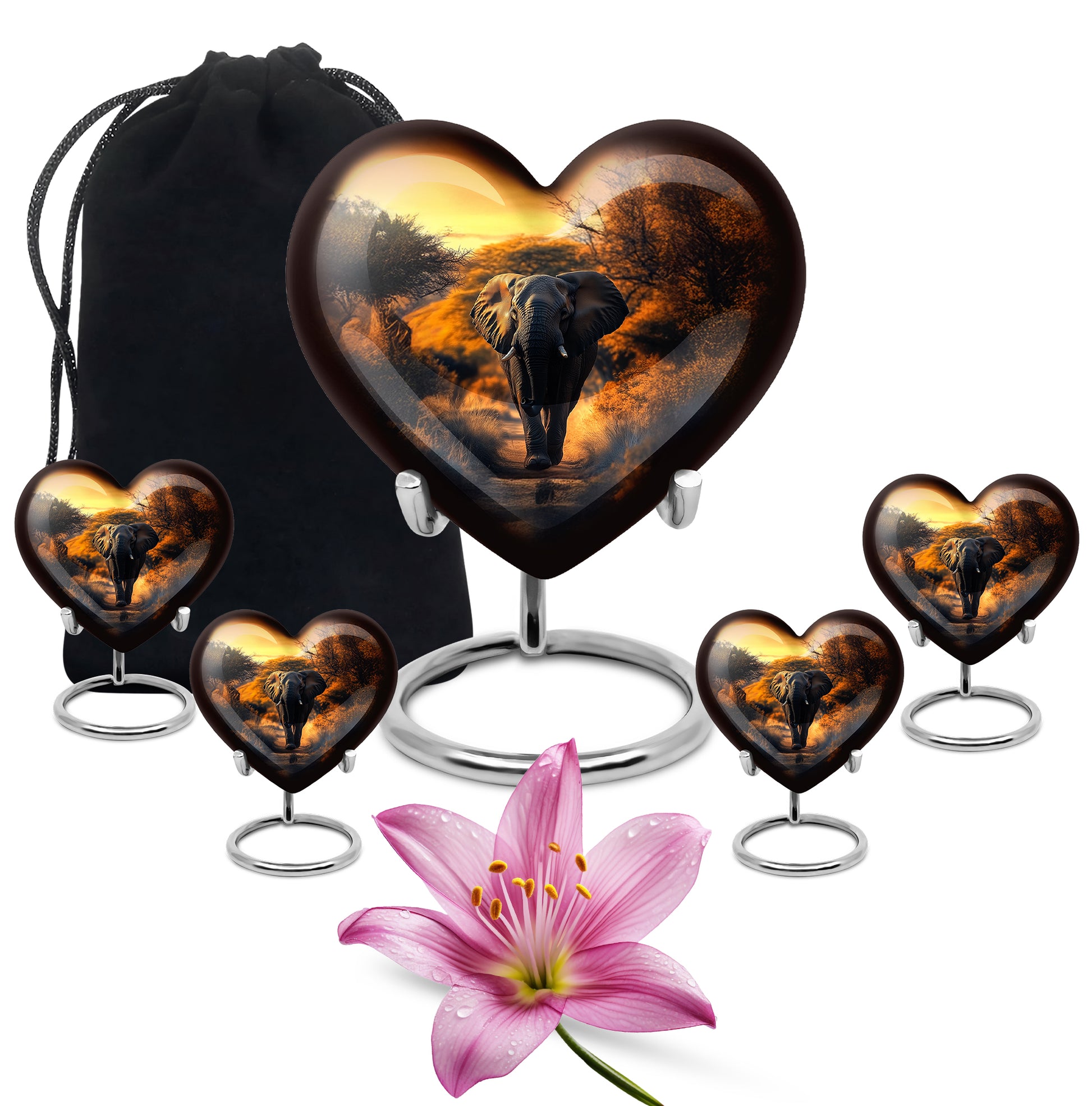 Sunrise Gold Elephant Cremation Urn close-up of engraving and surface detail - loving heart memorial featuring elephant pattern - memorial set with one large and four small urns