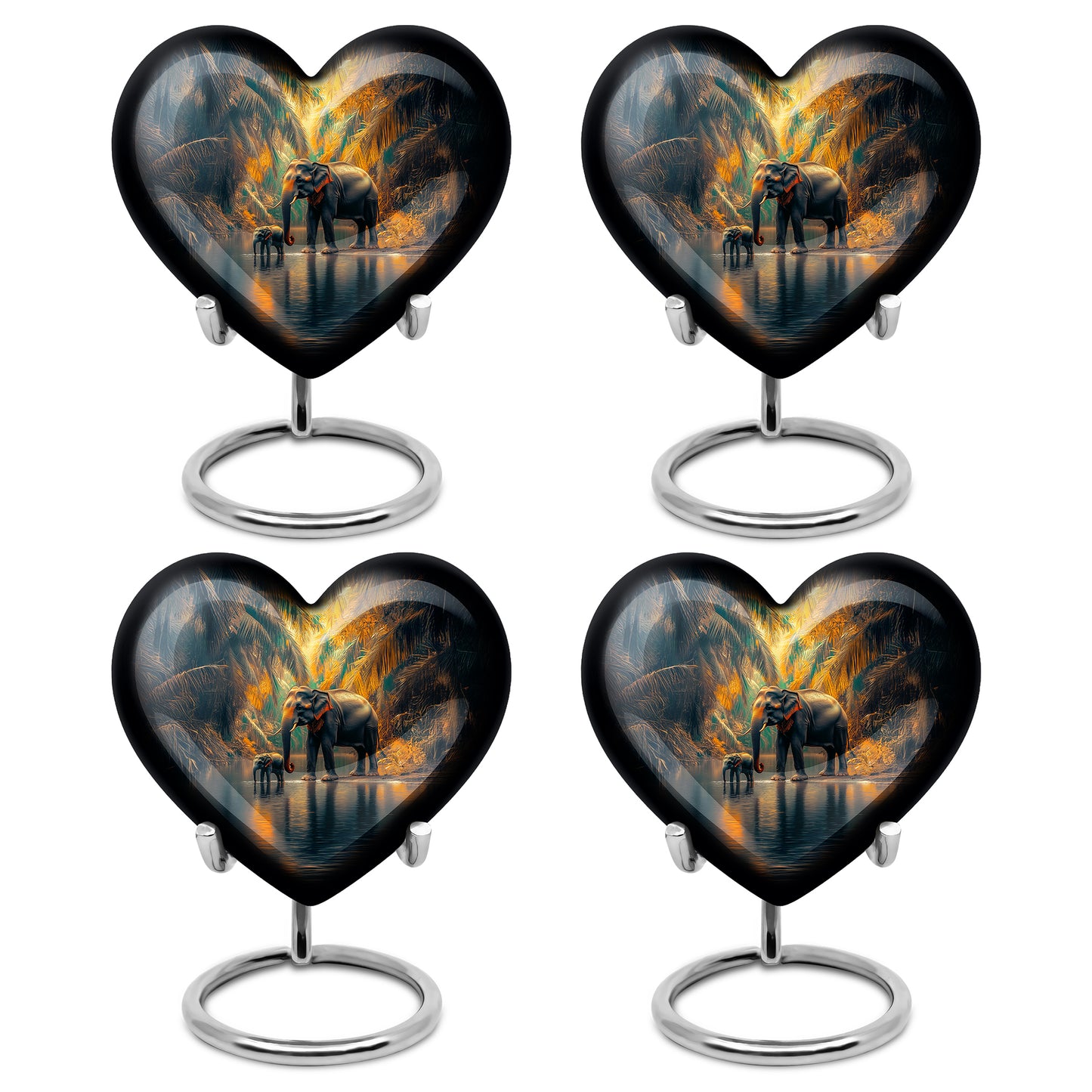 Soft Teal Elephant Cremation Urn angled view of lid and engraved motif - heart-shaped elephant design symbolizing eternal love - 10 inch aluminum urn for cremated remains