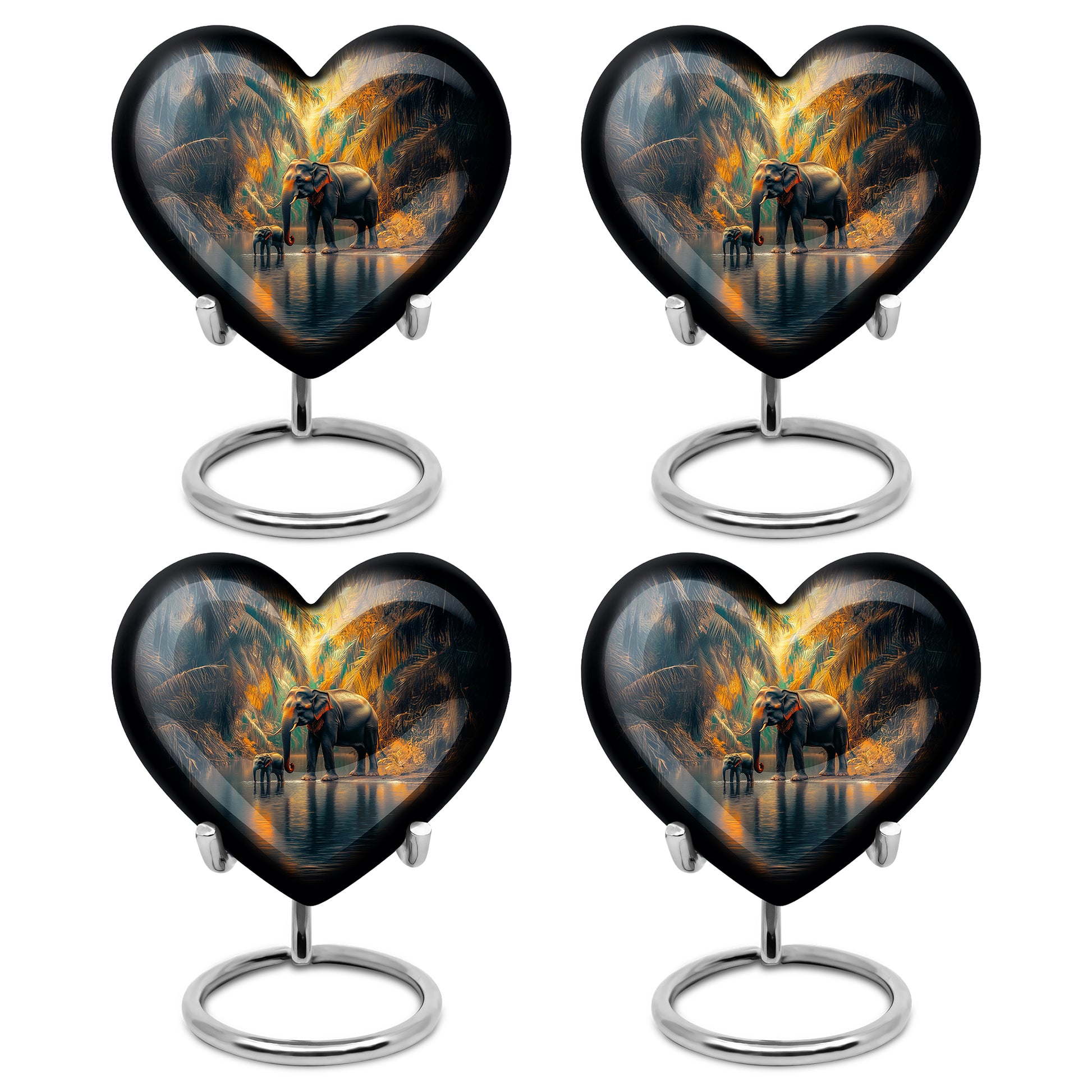 Soft Teal Elephant Cremation Urn angled view of lid and engraved motif - heart-shaped elephant design symbolizing eternal love - 10 inch aluminum urn for cremated remains