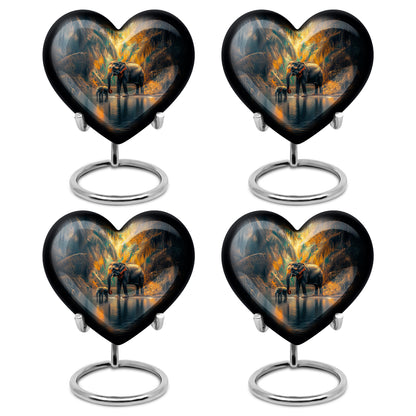 Soft Teal Elephant Cremation Urn angled view of lid and engraved motif - heart-shaped elephant design symbolizing eternal love - 10 inch aluminum urn for cremated remains