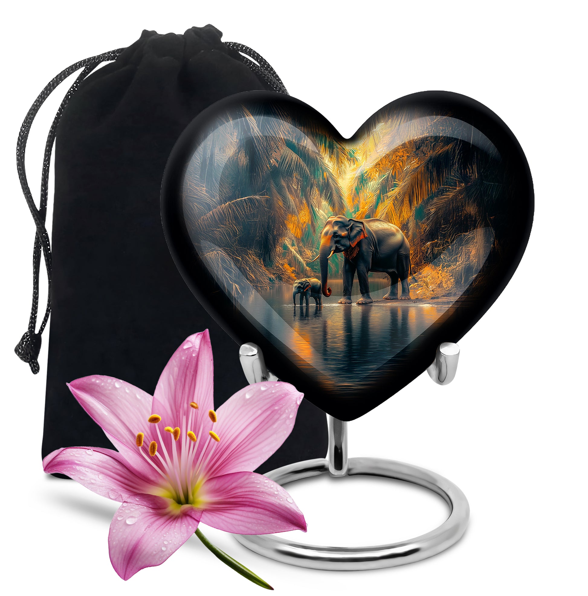 Mystic Teal Elephant Cremation Urn detail view - romantic heart urn with elephant motif on aluminum - full-size 10 inch 200 cubic inch adult cremation urn