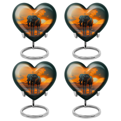 Royal Gold Elephant Cremation Urn angled view of lid and engraved motif - compassionate heart-elephant combination with gentle curves - 10 inch aluminum urn for cremated remains