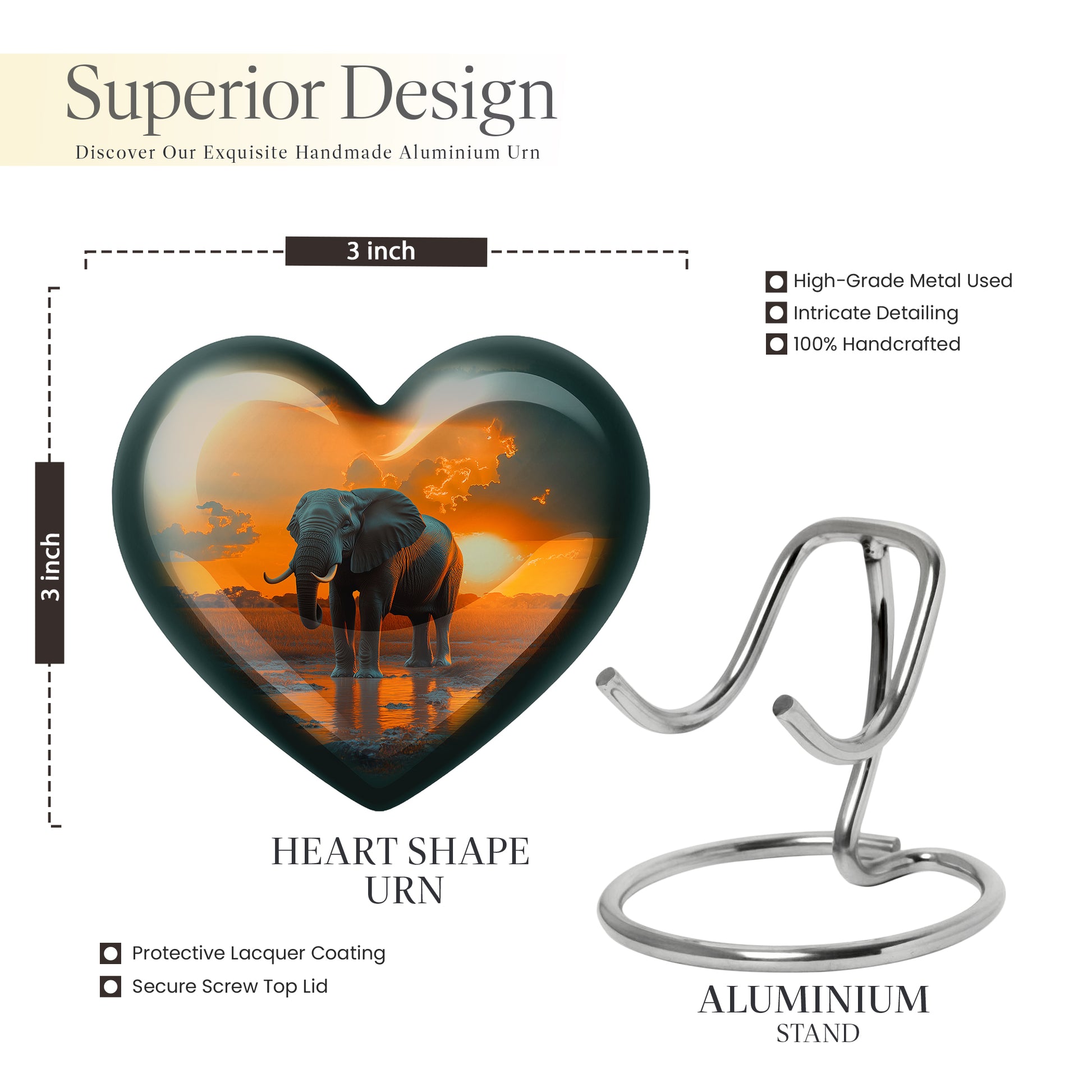 Harvest Gold Elephant Cremation Urn front view showing detailed design - romantic heart urn with elephant motif on aluminum - mini keepsake memorial for portion of cremation ashes