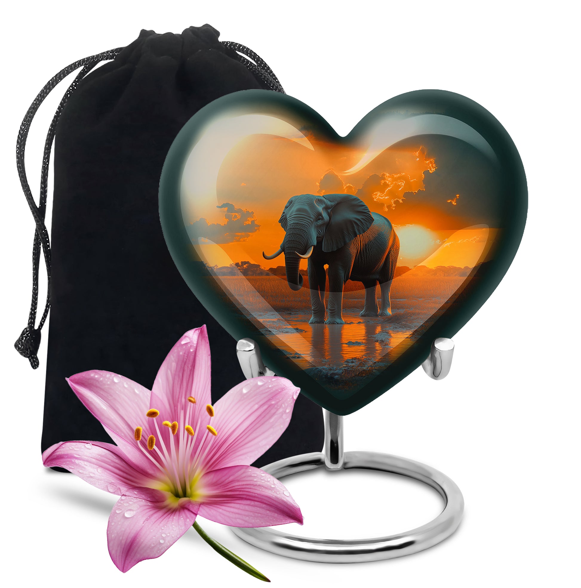 Warm Gold Elephant Cremation Urn detail view - compassionate heart-elephant combination with gentle curves - full-size 10 inch 200 cubic inch adult cremation urn