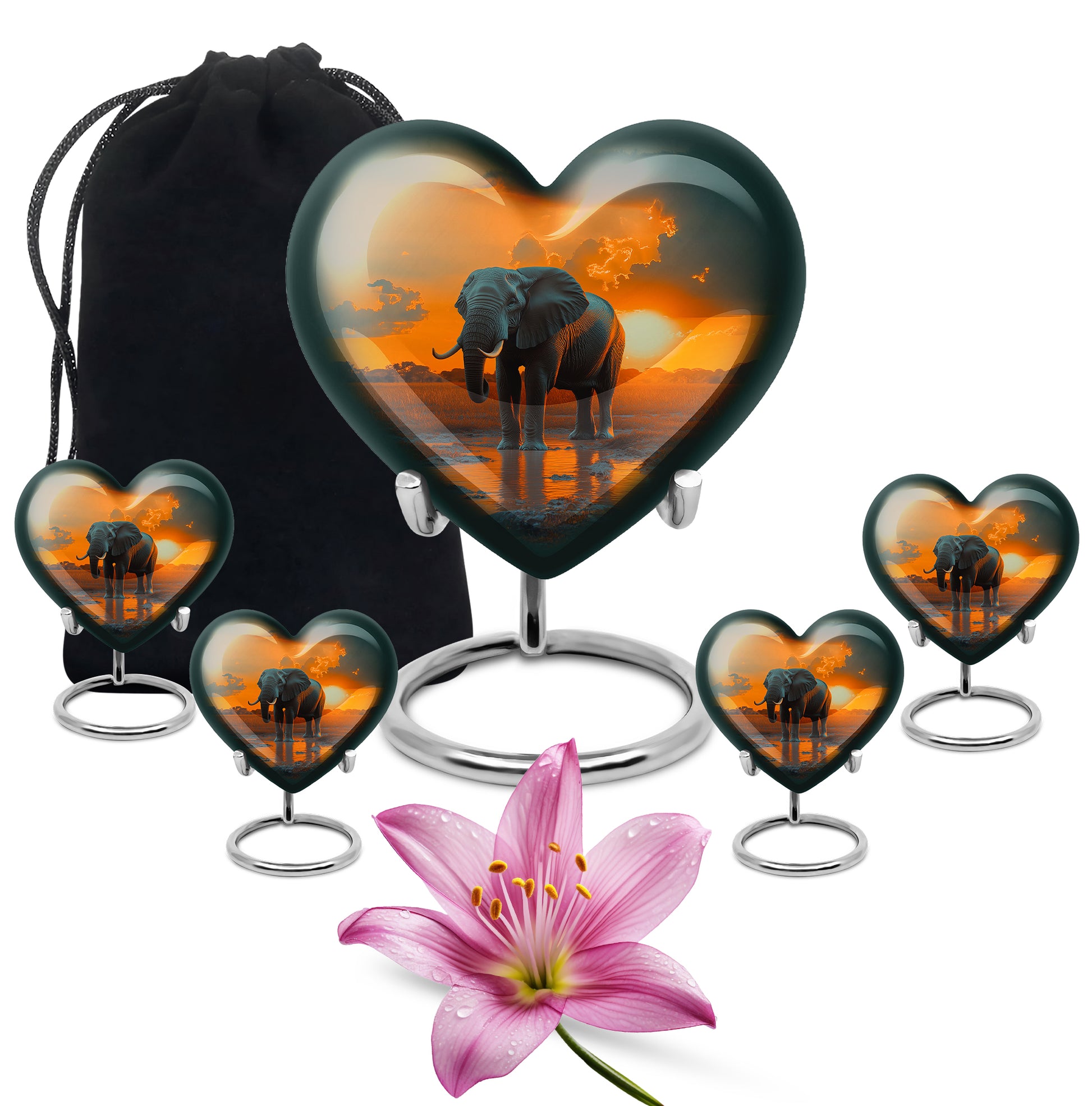 Matte Gold Elephant Cremation Urn close-up of engraving and surface detail - romantic heart urn with elephant motif on aluminum - memorial set with one large and four small urns