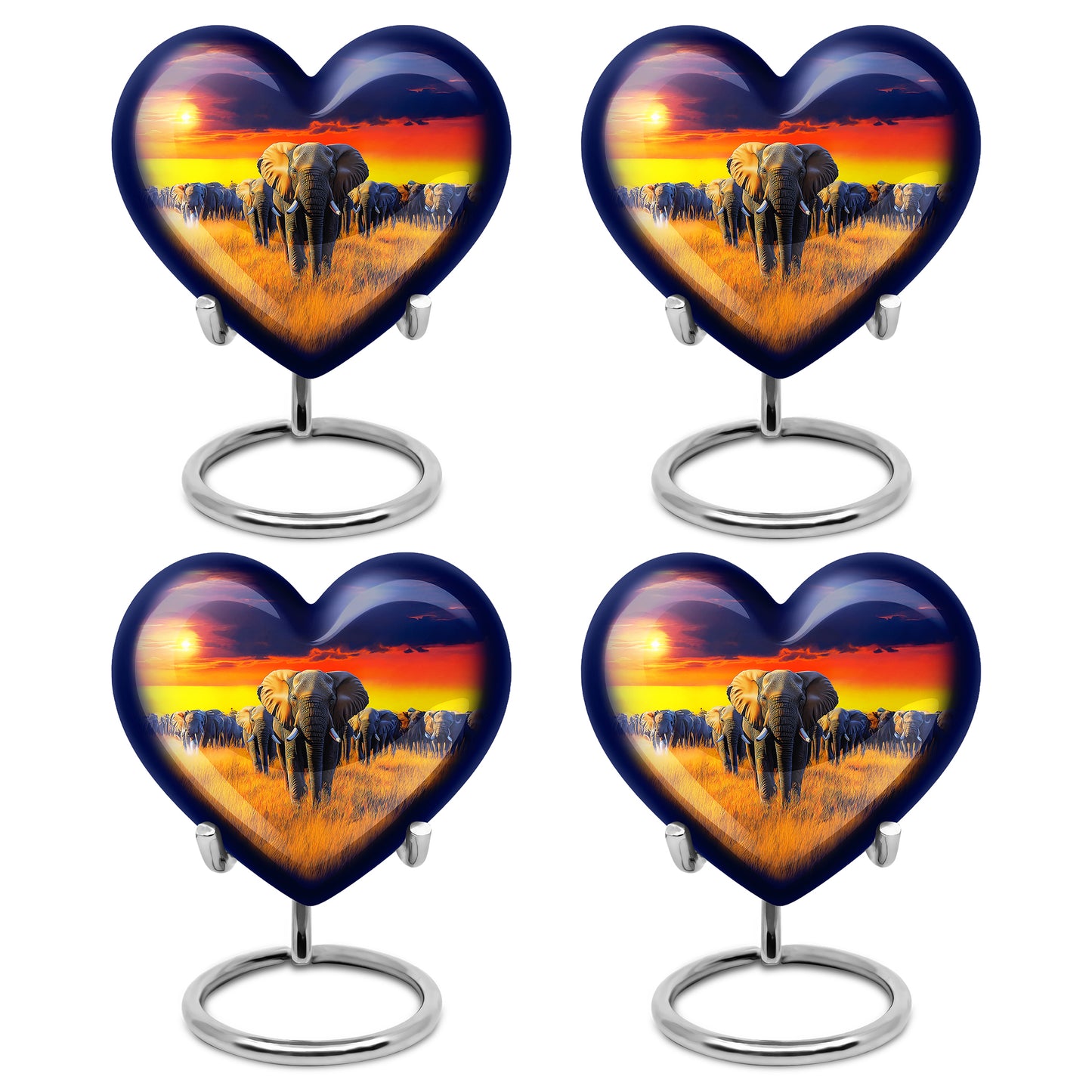 Misty Blue Elephant Cremation Urn angled view of lid and engraved motif - heart-shaped elephant design symbolizing eternal love - 10 inch aluminum urn for cremated remains