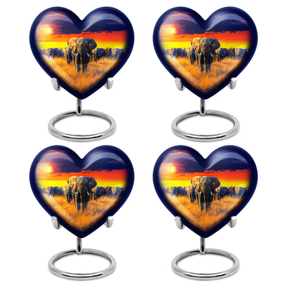 Misty Blue Elephant Cremation Urn angled view of lid and engraved motif - heart-shaped elephant design symbolizing eternal love - 10 inch aluminum urn for cremated remains