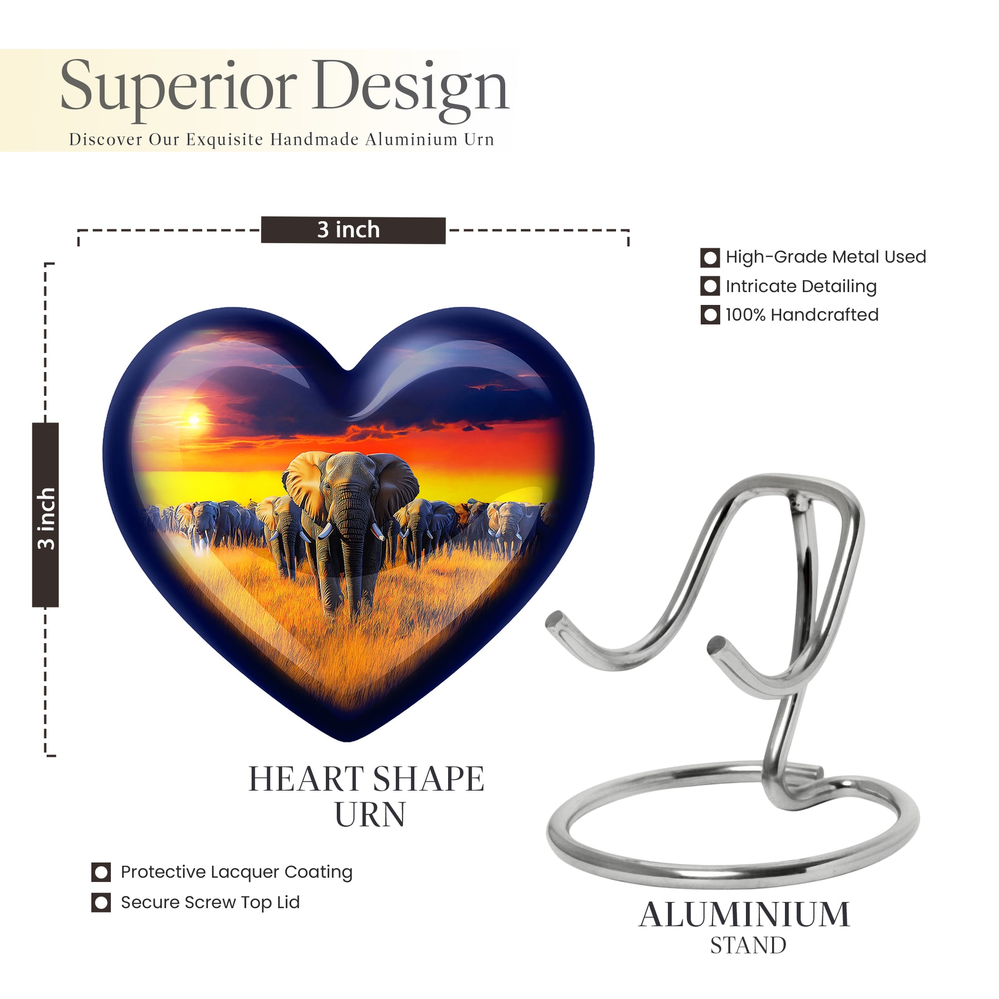 Pastel Blue Elephant Cremation Urn front view showing detailed design - heart-shaped elephant design symbolizing eternal love - mini keepsake memorial for portion of cremation ashes