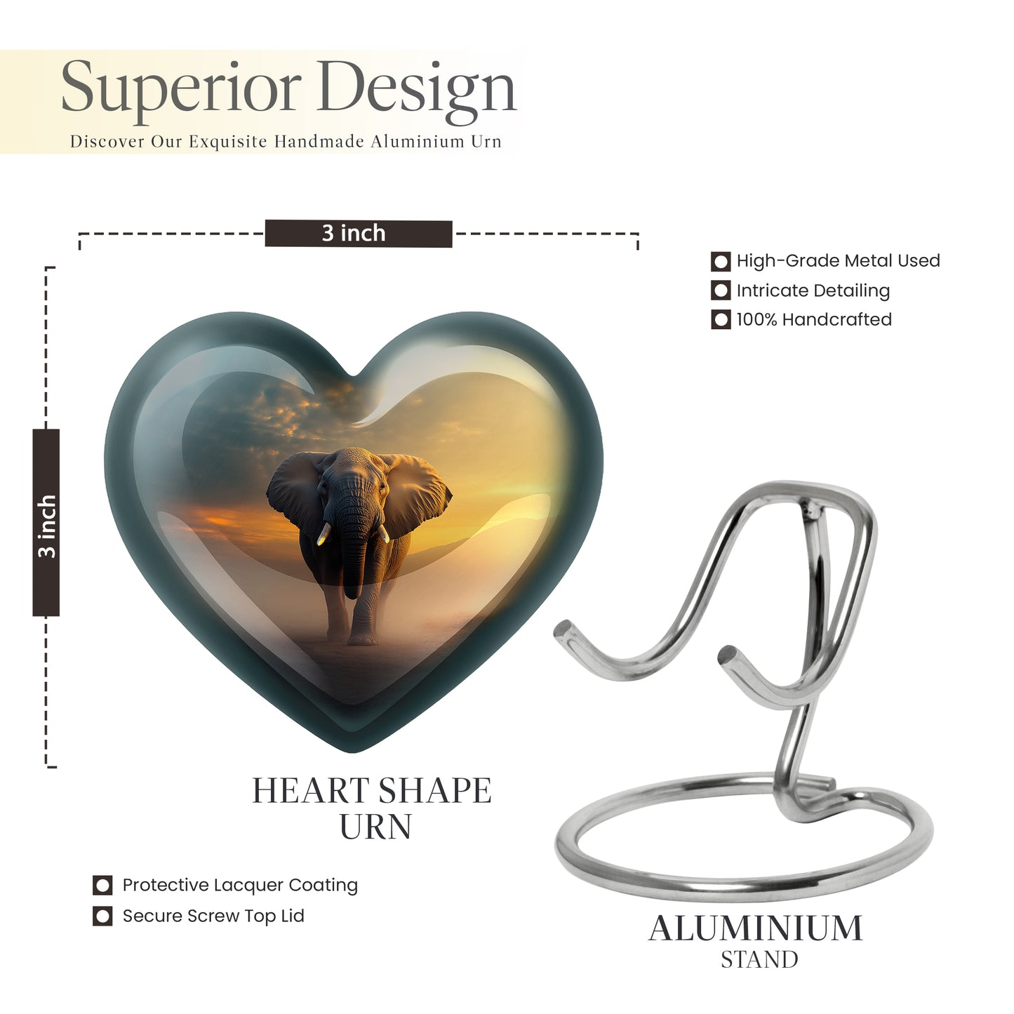 Onyx Black Elephant Cremation Urn front view showing detailed design - romantic heart urn with elephant motif on aluminum - mini keepsake memorial for portion of cremation ashes