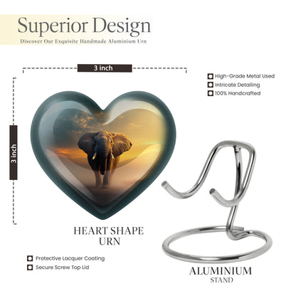 Onyx Black Elephant Cremation Urn front view showing detailed design - romantic heart urn with elephant motif on aluminum - mini keepsake memorial for portion of cremation ashes