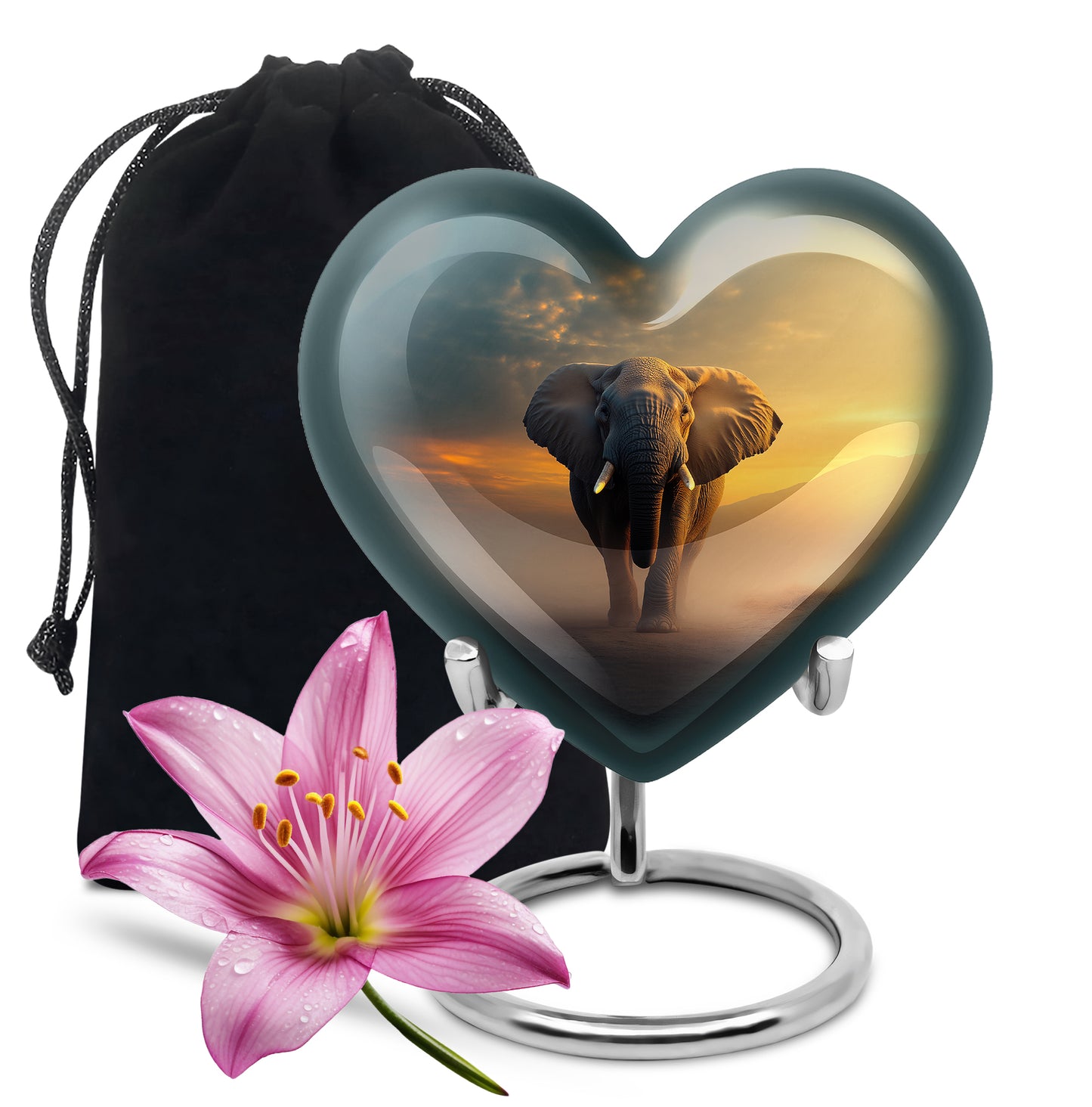 Midnight Black Elephant Cremation Urn detail view - romantic heart urn with elephant motif on aluminum - full-size 10 inch 200 cubic inch adult cremation urn