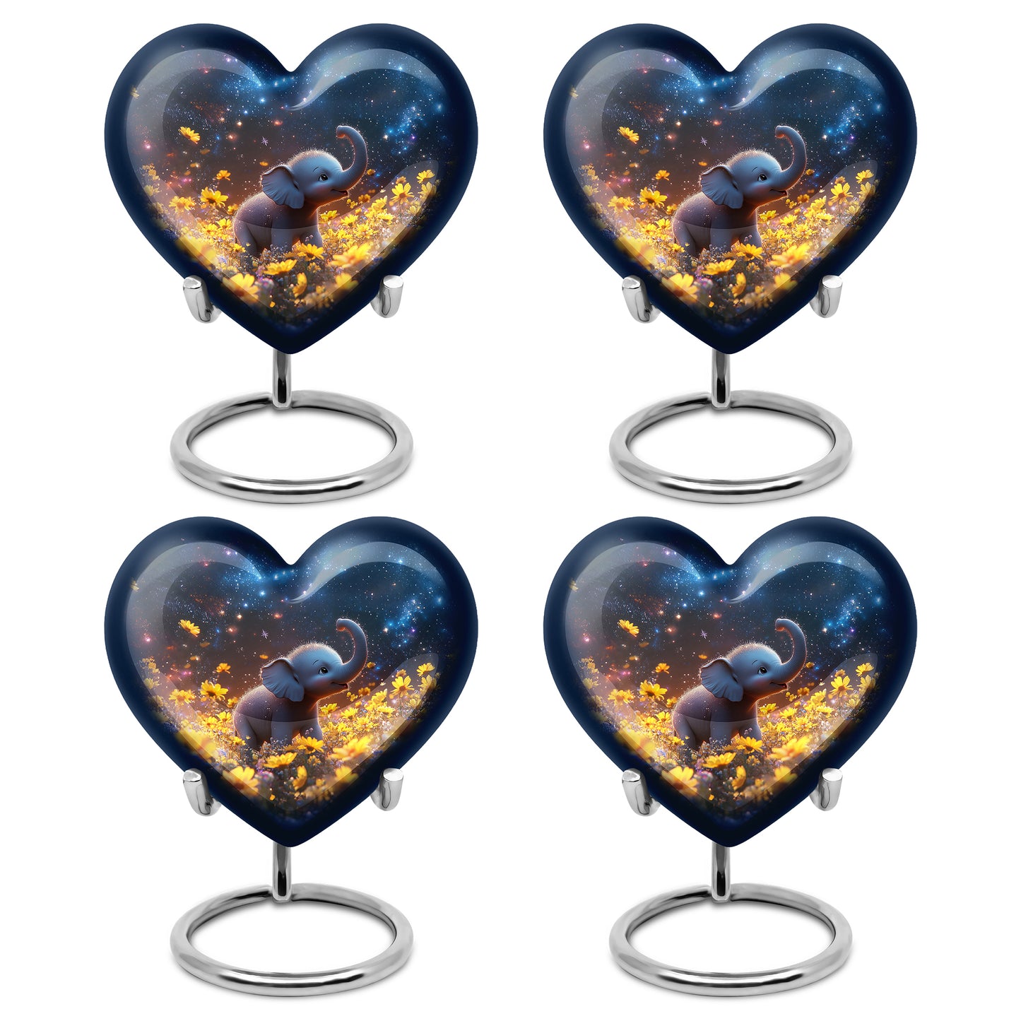 Azure Elephant Cremation Urn angled view of lid and engraved motif - loving heart memorial featuring elephant pattern - 10 inch aluminum urn for cremated remains