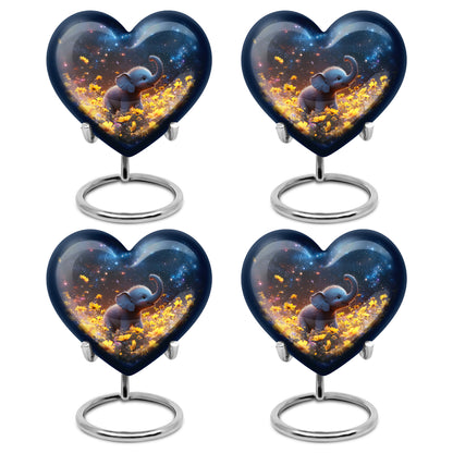Azure Elephant Cremation Urn angled view of lid and engraved motif - loving heart memorial featuring elephant pattern - 10 inch aluminum urn for cremated remains