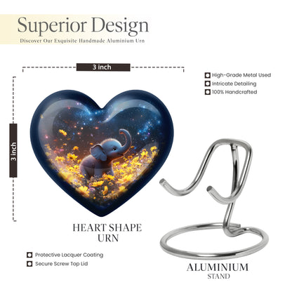 Misty Blue Elephant Cremation Urn front view showing detailed design - loving heart memorial featuring elephant pattern - mini keepsake memorial for portion of cremation ashes