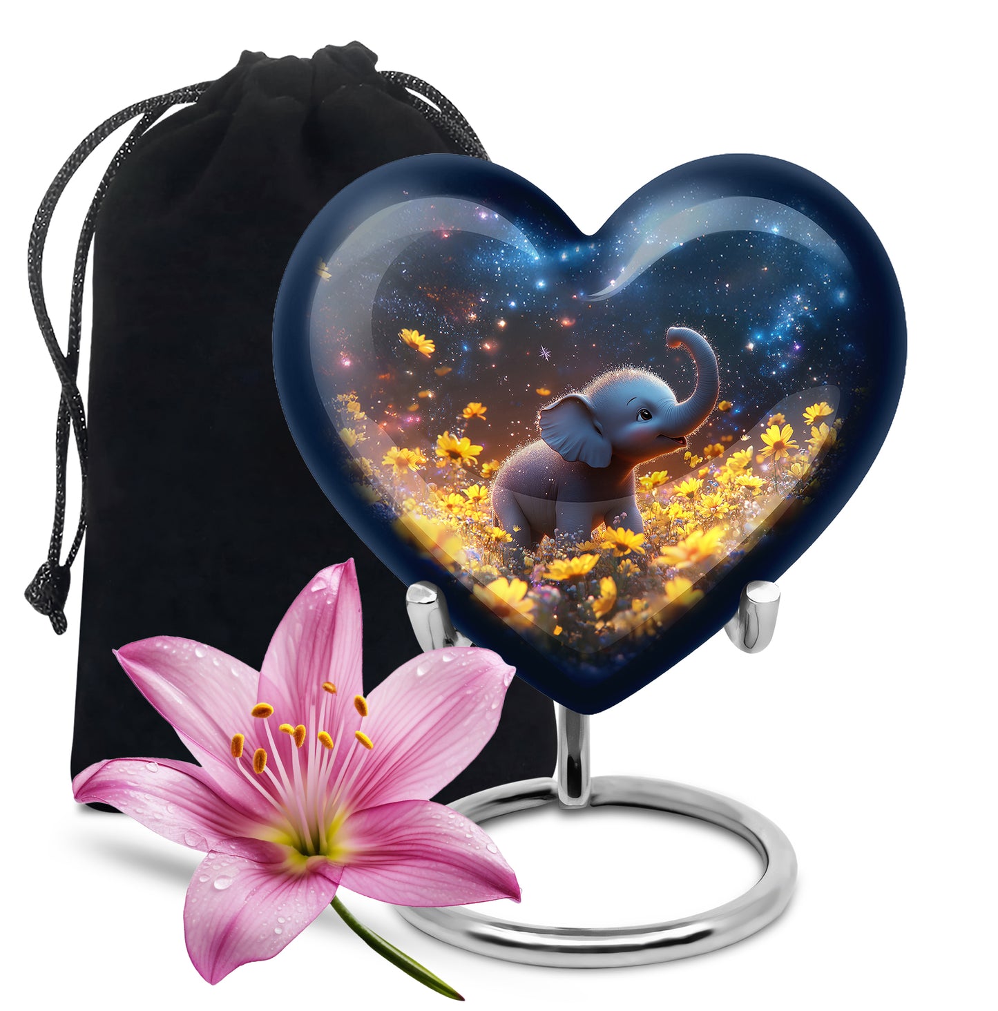 Steel Blue Elephant Cremation Urn detail view - compassionate heart-elephant combination with gentle curves - full-size 10 inch 200 cubic inch adult cremation urn
