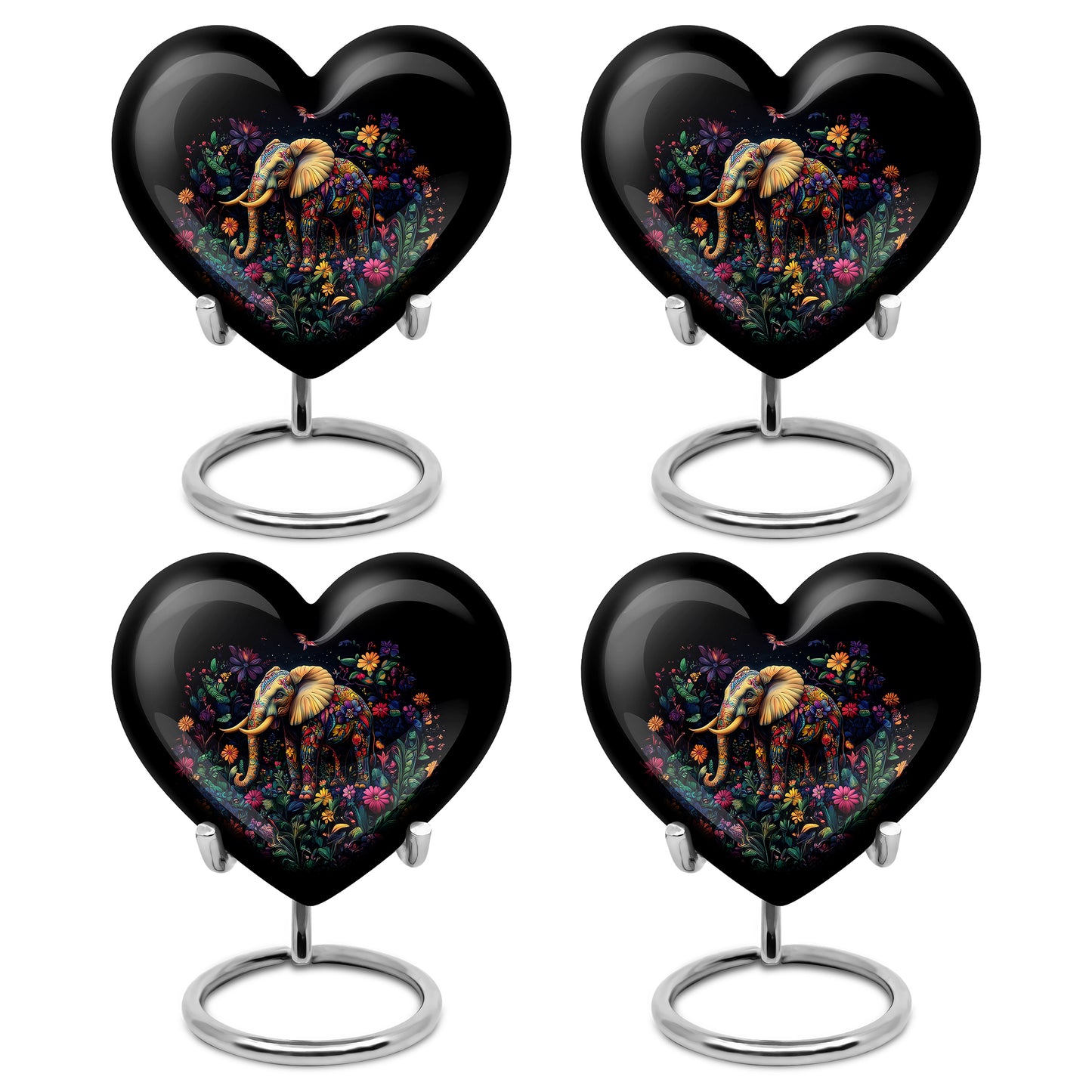 Ebony Elephant Cremation Urn angled view of lid and engraved motif - loving heart memorial featuring elephant pattern - 10 inch aluminum urn for cremated remains