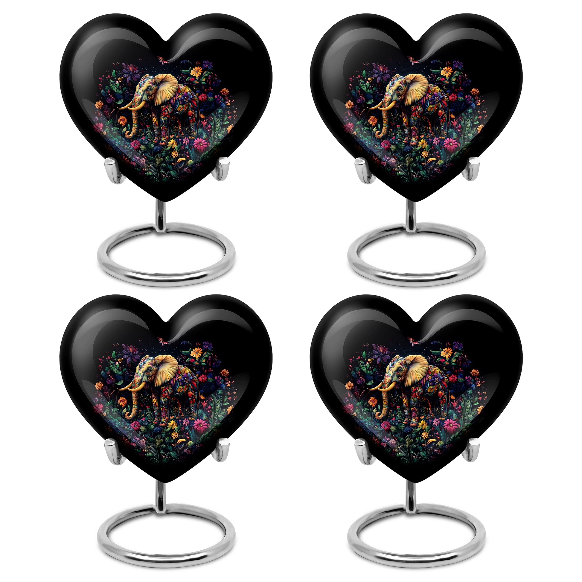 Ebony Elephant Cremation Urn angled view of lid and engraved motif - loving heart memorial featuring elephant pattern - 10 inch aluminum urn for cremated remains