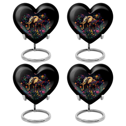 Ebony Elephant Cremation Urn angled view of lid and engraved motif - loving heart memorial featuring elephant pattern - 10 inch aluminum urn for cremated remains