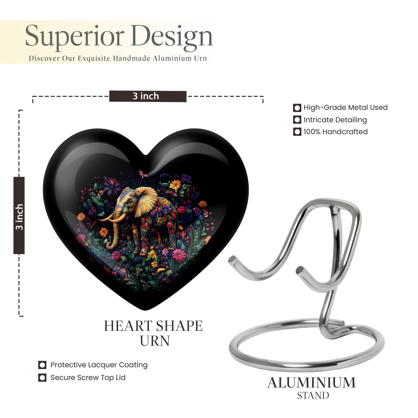 Ebony Elephant Cremation Urn front view showing detailed design - heart-shaped elephant design symbolizing eternal love - mini keepsake memorial for portion of cremation ashes