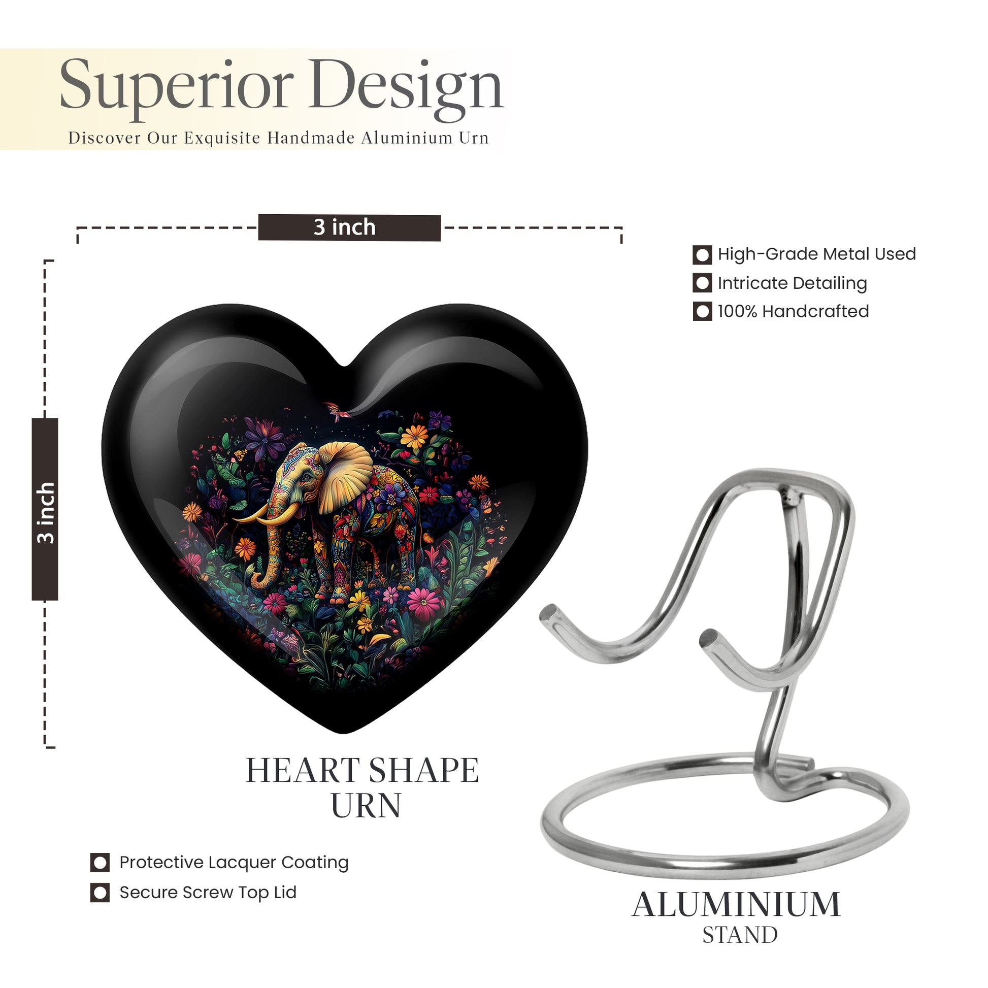Ebony Elephant Cremation Urn front view showing detailed design - heart-shaped elephant design symbolizing eternal love - mini keepsake memorial for portion of cremation ashes