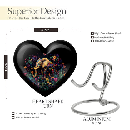 Ebony Elephant Cremation Urn front view showing detailed design - heart-shaped elephant design symbolizing eternal love - mini keepsake memorial for portion of cremation ashes