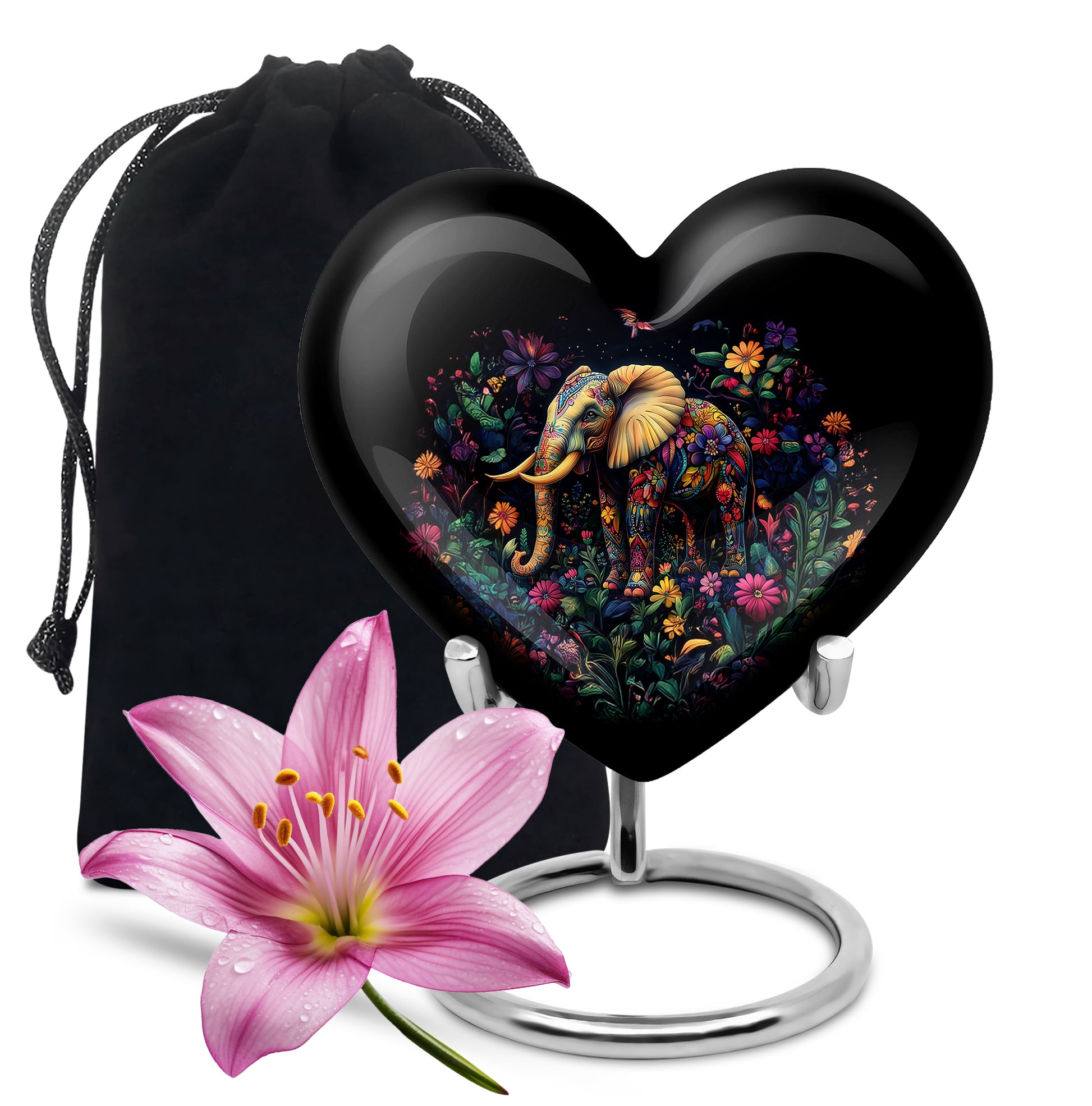 Deep Black Elephant Cremation Urn detail view - heart-shaped elephant design symbolizing eternal love - full-size 10 inch 200 cubic inch adult cremation urn