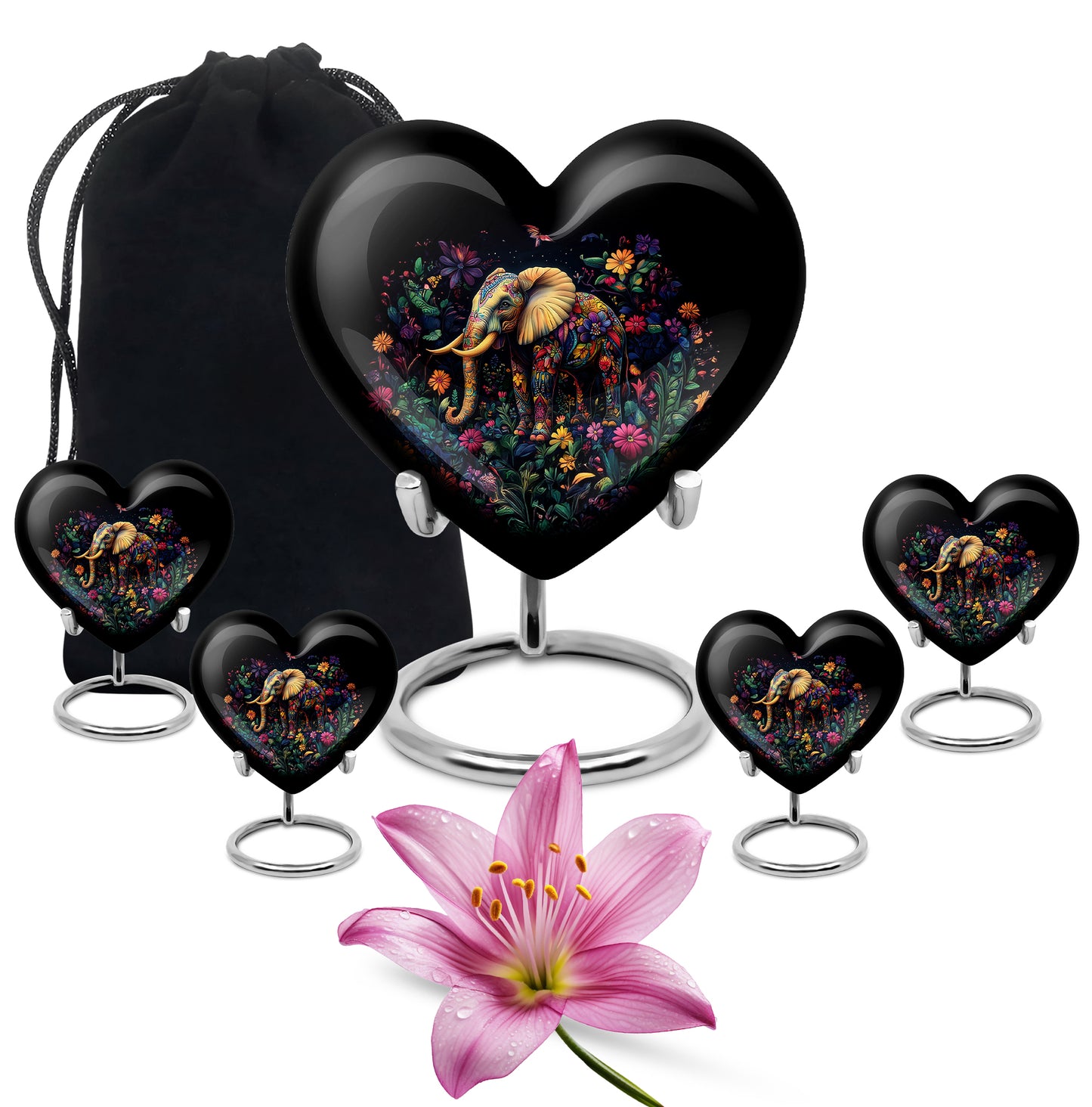 Jet Black Elephant Cremation Urn close-up of engraving and surface detail - heart-shaped elephant design symbolizing eternal love - memorial set with one large and four small urns