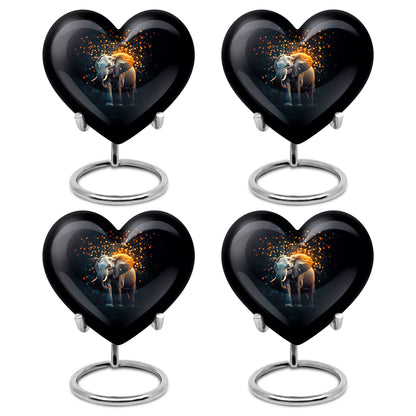 Jet Black Elephant Cremation Urn angled view of lid and engraved motif - loving heart memorial featuring elephant pattern - 10 inch aluminum urn for cremated remains