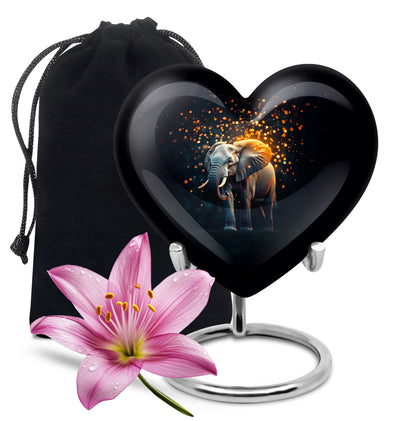 Deep Black Elephant Cremation Urn detail view - heart-shaped elephant design symbolizing eternal love - full-size 10 inch 200 cubic inch adult cremation urn