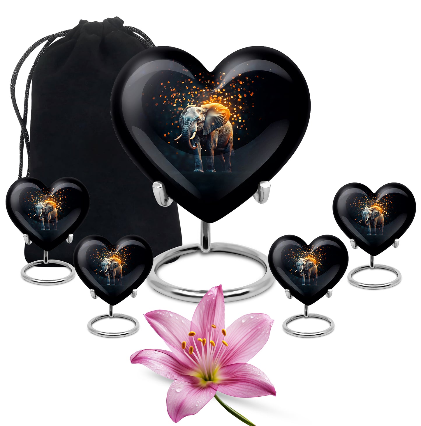 Ebony Elephant Cremation Urn close-up of engraving and surface detail - loving heart memorial featuring elephant pattern - memorial set with one large and four small urns