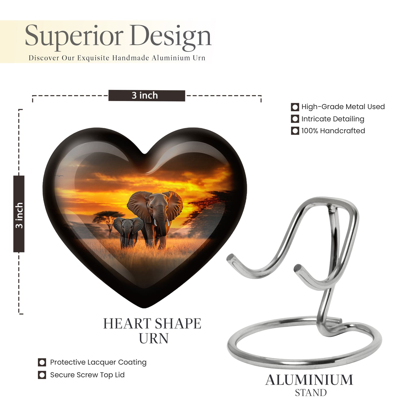 Burnished Gold Elephant Cremation Urn front view showing detailed design - compassionate heart-elephant combination with gentle curves - mini keepsake memorial for portion of cremation ashes
