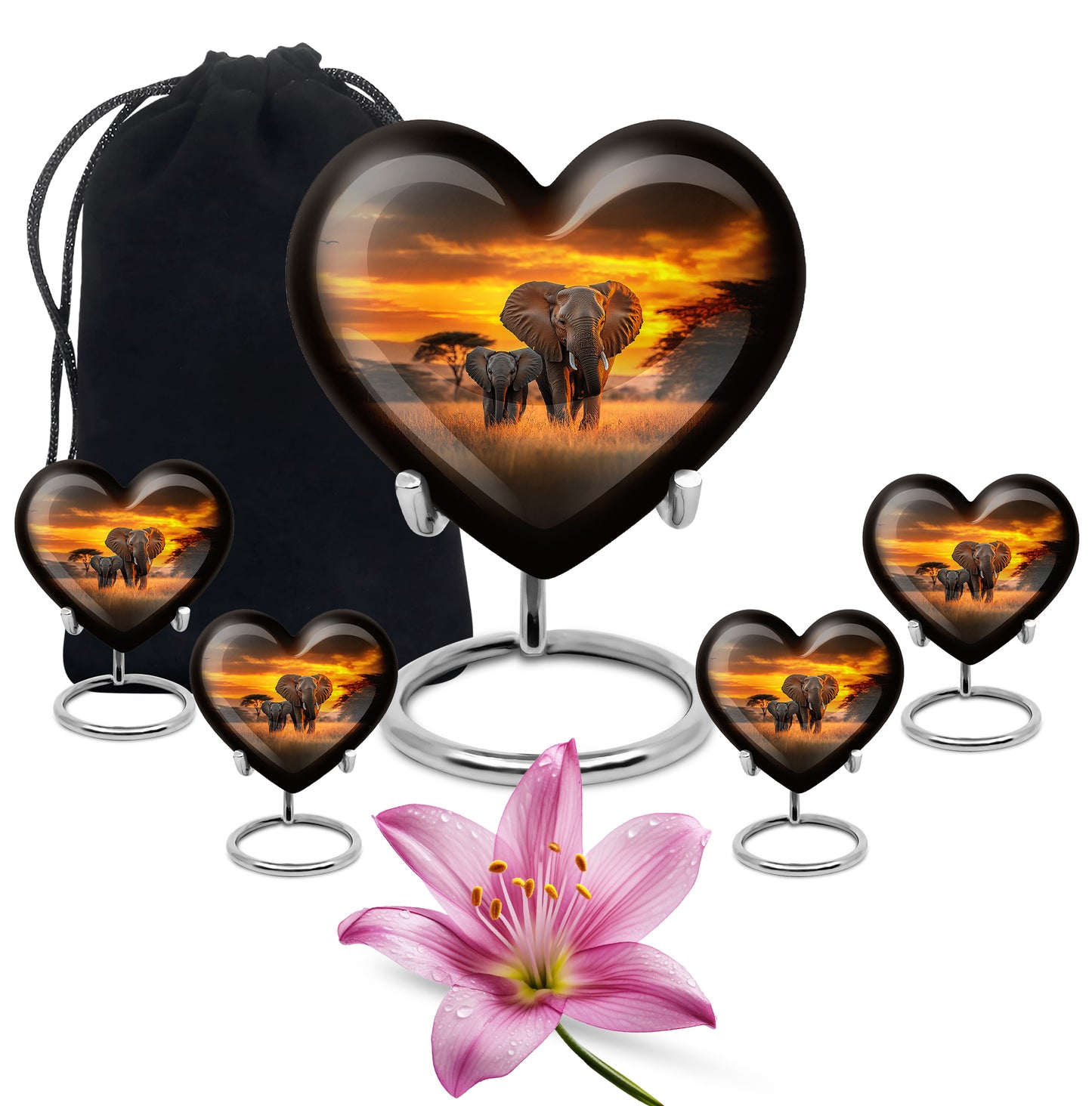 Burnished Gold Elephant Cremation Urn close-up of engraving and surface detail - romantic heart urn with elephant motif on aluminum - memorial set with one large and four small urns