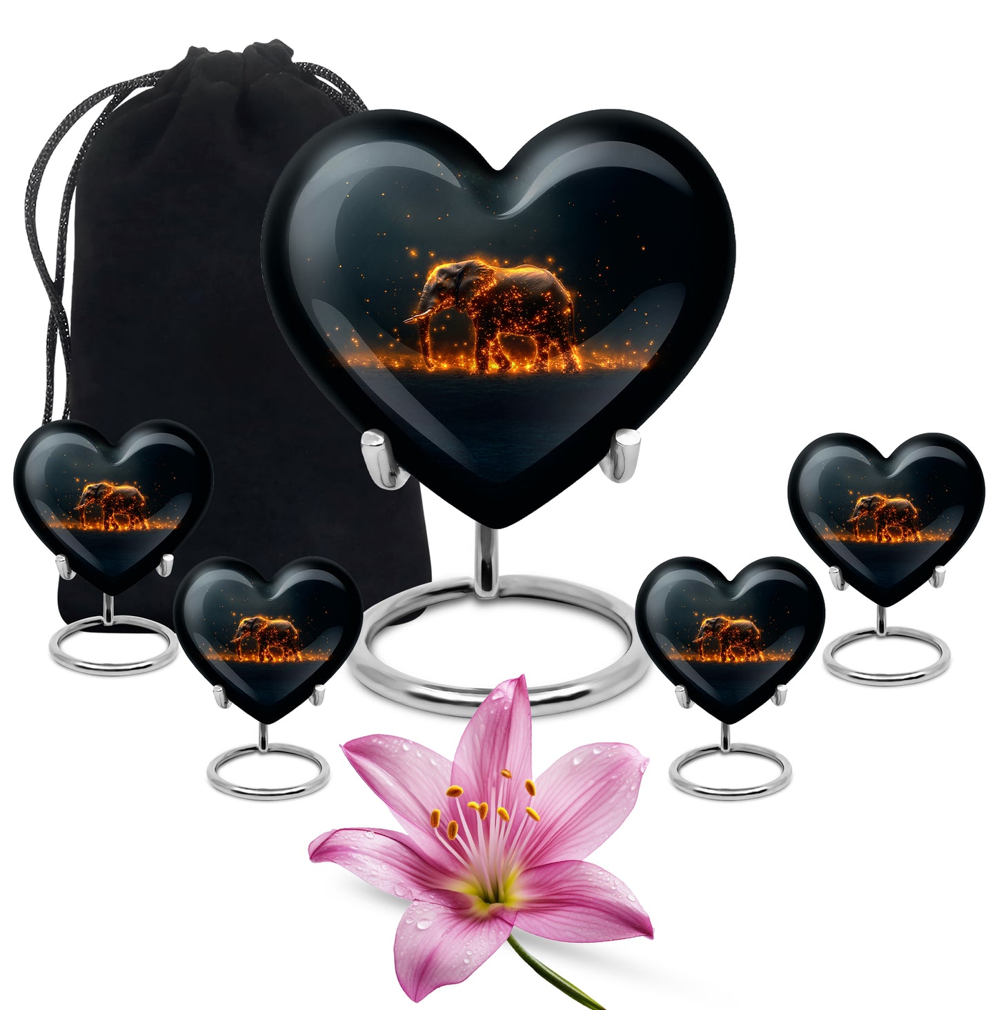 Tropical Teal Elephant Cremation Urn close-up of engraving and surface detail - romantic heart urn with elephant motif on aluminum - memorial set with one large and four small urns