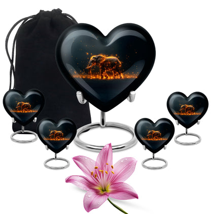 Tropical Teal Elephant Cremation Urn close-up of engraving and surface detail - romantic heart urn with elephant motif on aluminum - memorial set with one large and four small urns