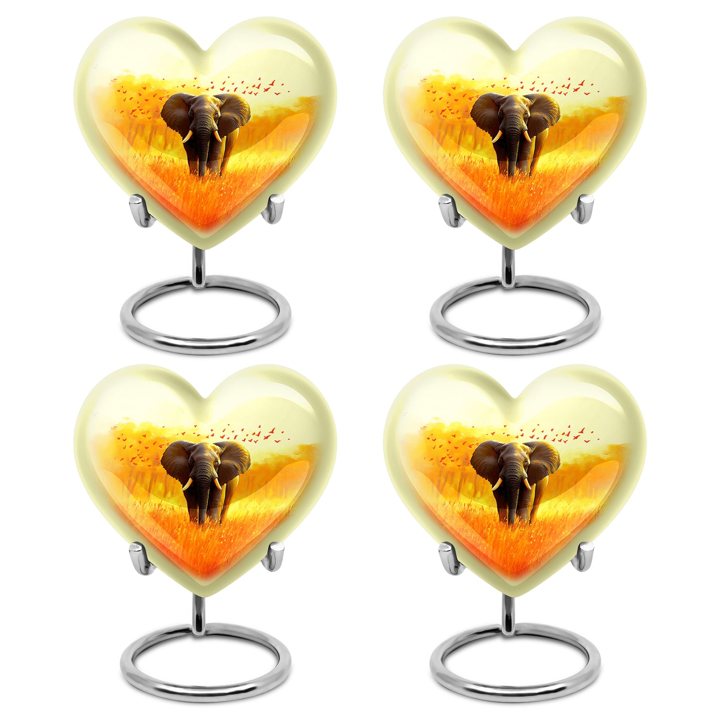 Champagne Gold Elephant Cremation Urn angled view of lid and engraved motif - heart-shaped elephant design symbolizing eternal love - 10 inch aluminum urn for cremated remains