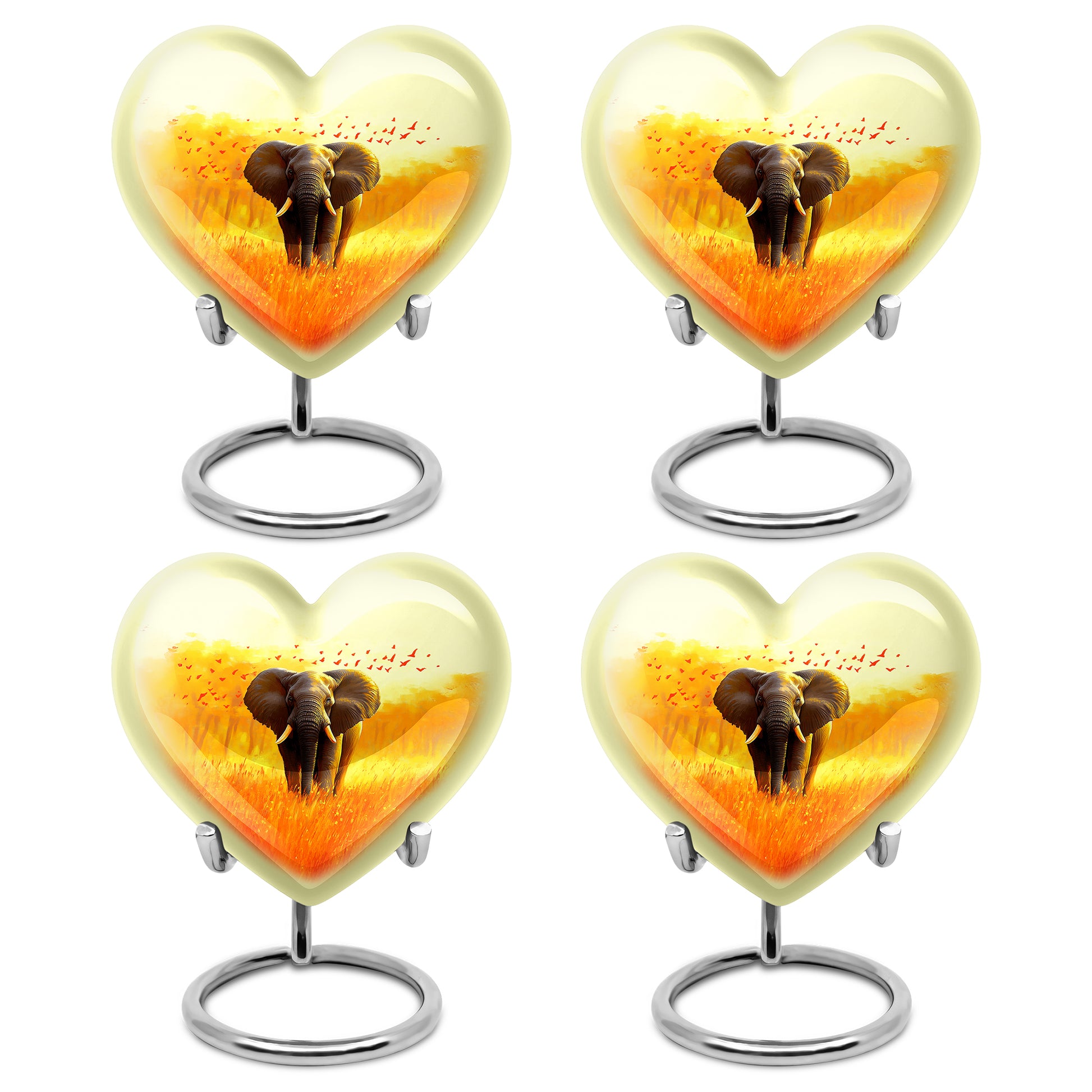 Champagne Gold Elephant Cremation Urn angled view of lid and engraved motif - heart-shaped elephant design symbolizing eternal love - 10 inch aluminum urn for cremated remains