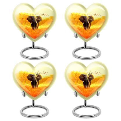 Champagne Gold Elephant Cremation Urn angled view of lid and engraved motif - heart-shaped elephant design symbolizing eternal love - 10 inch aluminum urn for cremated remains
