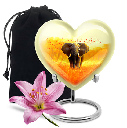 Burnished Gold Elephant Cremation Urn detail view - romantic heart urn with elephant motif on aluminum - full-size 10 inch 200 cubic inch adult cremation urn