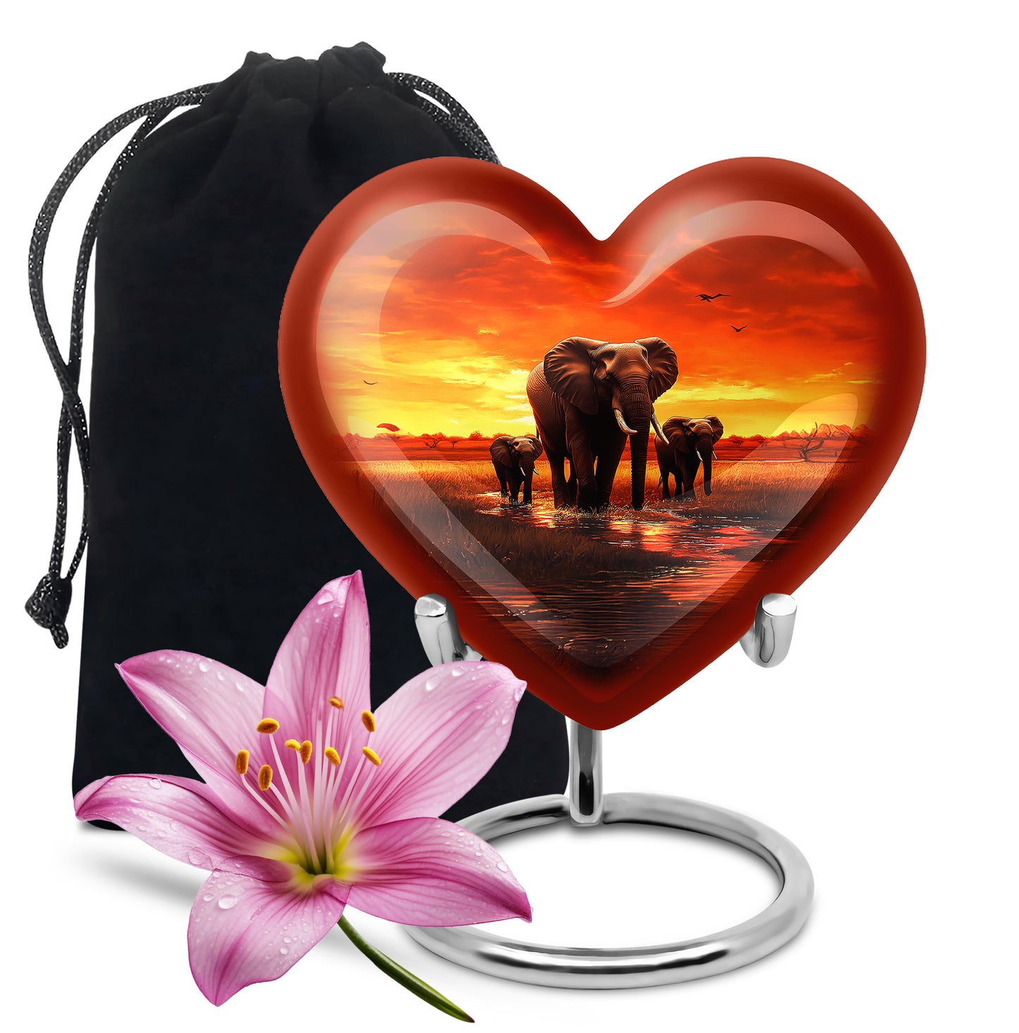 Fiery Red Elephant Cremation Urn detail view - romantic heart urn with elephant motif on aluminum - full-size 10 inch 200 cubic inch adult cremation urn