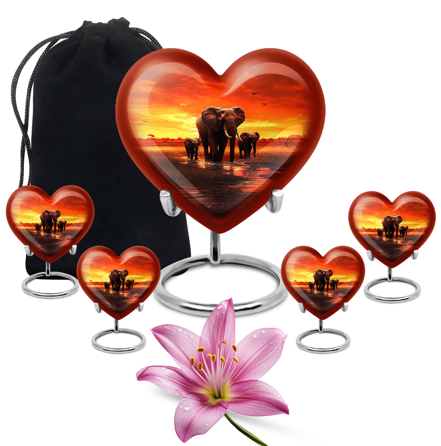 Ruby Red Elephant Cremation Urn close-up of engraving and surface detail - compassionate heart-elephant combination with gentle curves - memorial set with one large and four small urns
