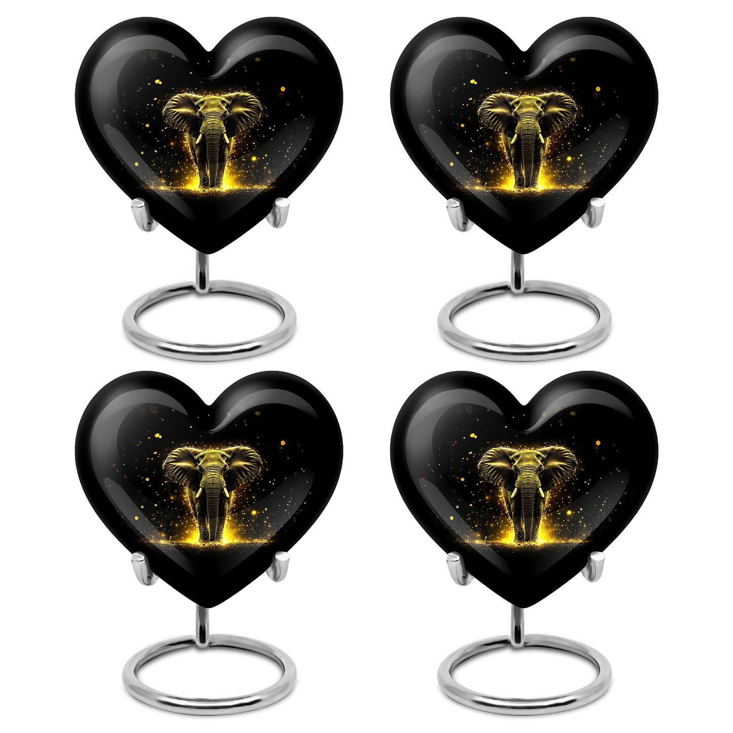 Dark Black Elephant Cremation Urn angled view of lid and engraved motif - romantic heart urn with elephant motif on aluminum - 10 inch aluminum urn for cremated remains