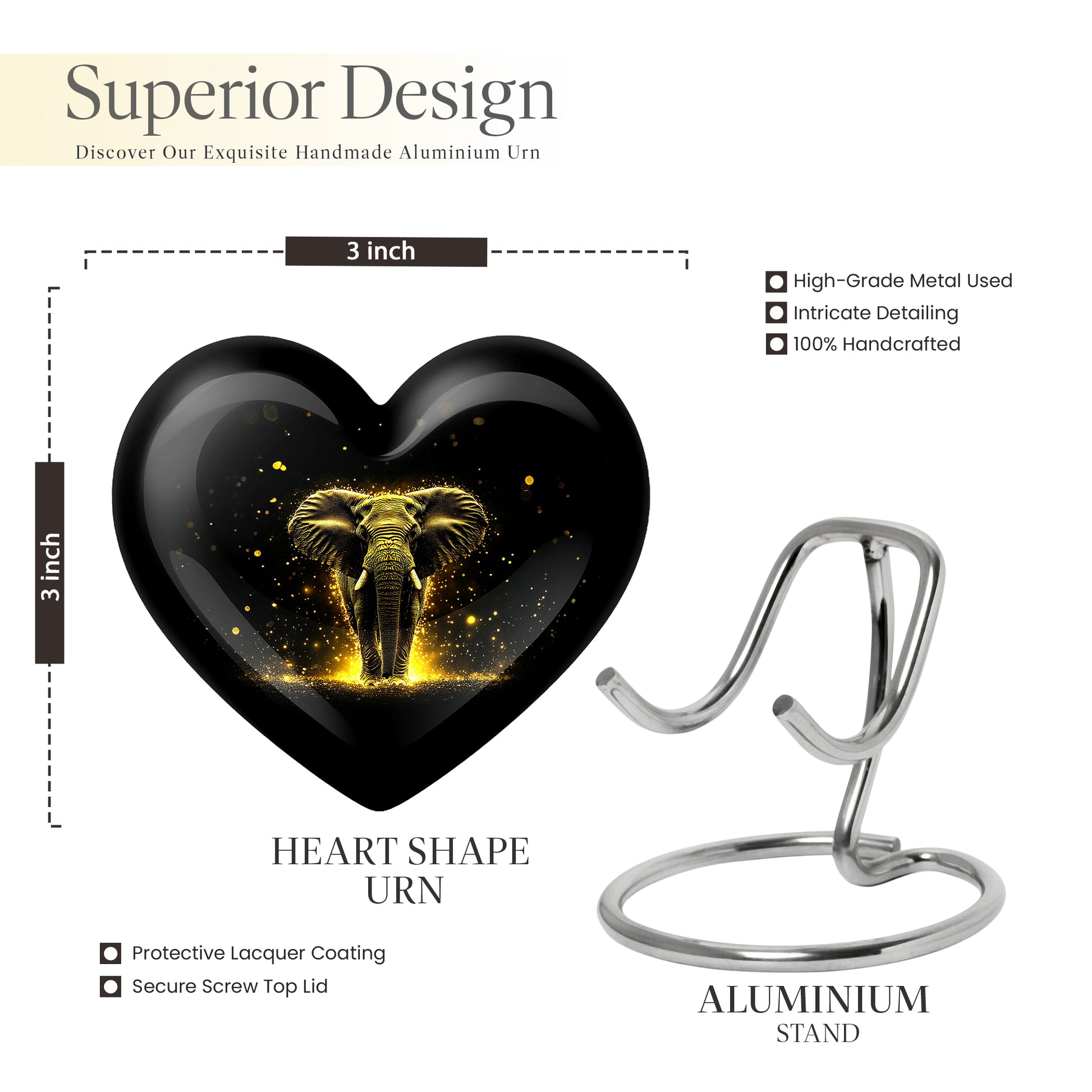 Midnight Black Elephant Cremation Urn front view showing detailed design - compassionate heart-elephant combination with gentle curves - mini keepsake memorial for portion of cremation ashes