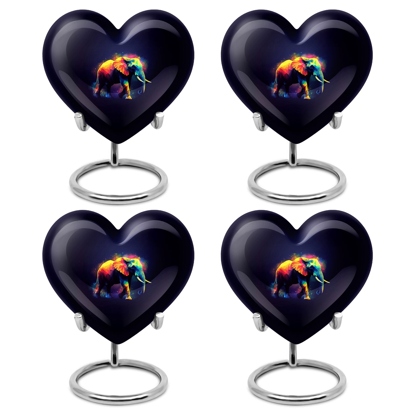 Ebony Elephant Cremation Urn angled view of lid and engraved motif - loving heart memorial featuring elephant pattern - 10 inch aluminum urn for cremated remains