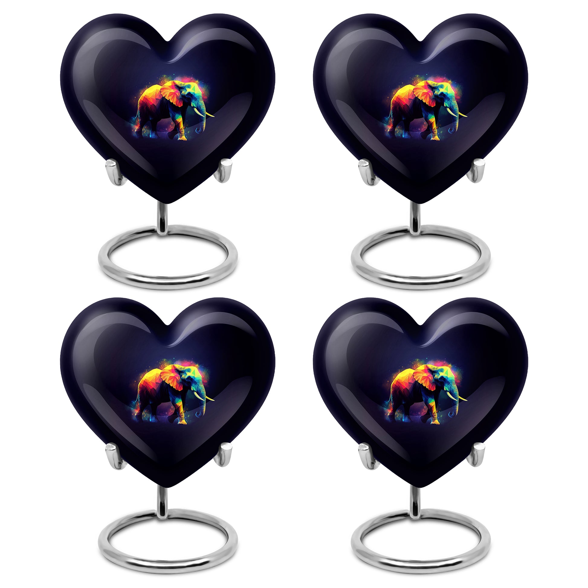 Ebony Elephant Cremation Urn angled view of lid and engraved motif - loving heart memorial featuring elephant pattern - 10 inch aluminum urn for cremated remains
