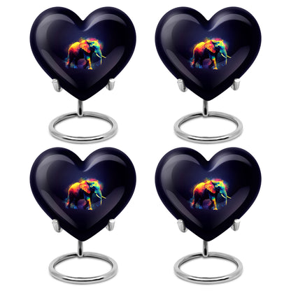 Ebony Elephant Cremation Urn angled view of lid and engraved motif - loving heart memorial featuring elephant pattern - 10 inch aluminum urn for cremated remains