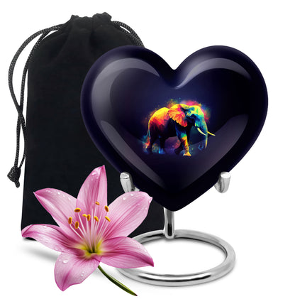Deep Black Elephant Cremation Urn detail view - loving heart memorial featuring elephant pattern - full-size 10 inch 200 cubic inch adult cremation urn