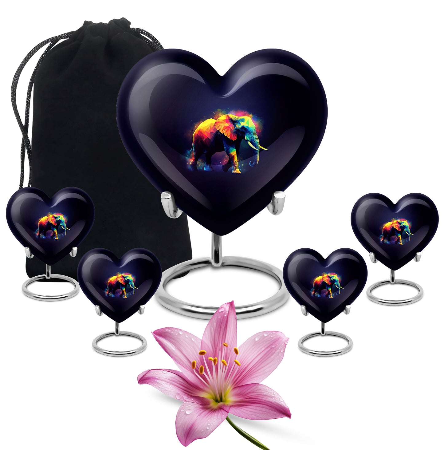 Glossy Black Elephant Cremation Urn close-up of engraving and surface detail - loving heart memorial featuring elephant pattern - memorial set with one large and four small urns