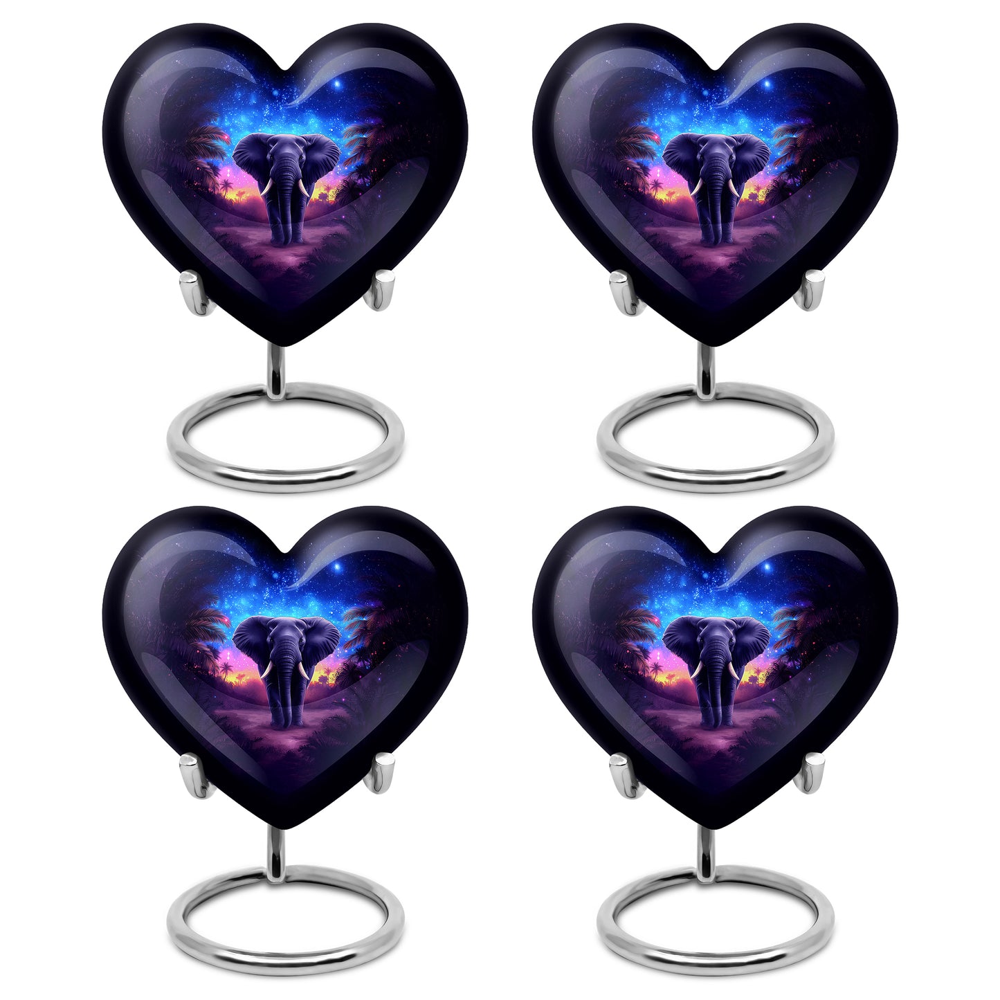 Celestial Blue Elephant Cremation Urn angled view of lid and engraved motif - heart-shaped elephant design symbolizing eternal love - 10 inch aluminum urn for cremated remains