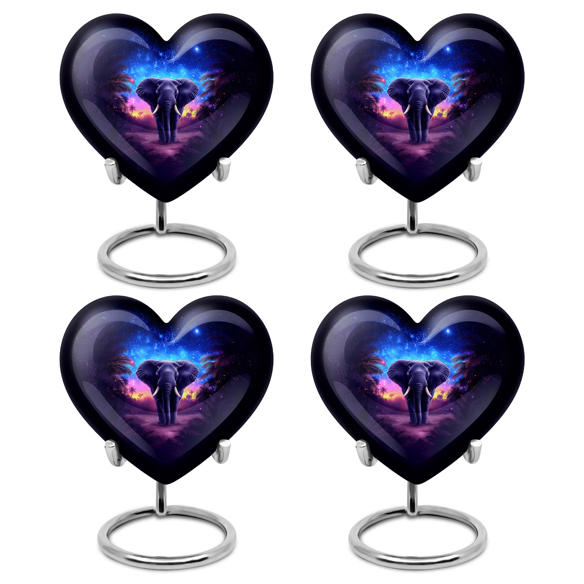 Celestial Blue Elephant Cremation Urn angled view of lid and engraved motif - heart-shaped elephant design symbolizing eternal love - 10 inch aluminum urn for cremated remains